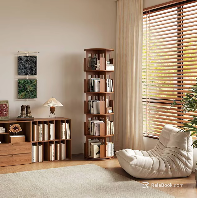 Tall Rotating And Low Drawer Bookcases In Room With Window Blinds Cozy Chair 3d model 