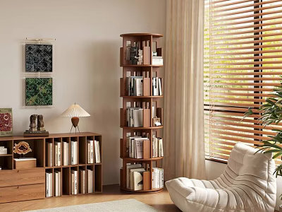 Tall Rotating And Low Drawer Bookcases In Room With Window Blinds Cozy Chair 3d model