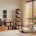 Tall Rotating And Low Drawer Bookcases In Room With Window Blinds Cozy Chair