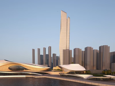 Modern Cultural Center Building With Curved Roof By Waterfront Urban Skyline 3d model
