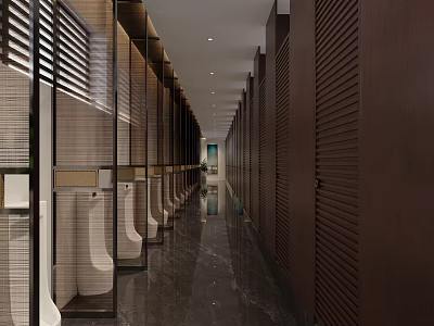Modern Luxury Public Toilet With Wooden Slat Partitions And Tidy Urinal Area For Commercial Spaces 3d model