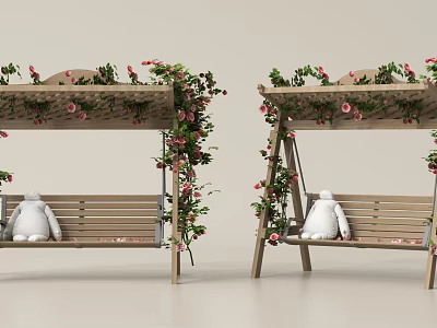 Outdoor Wooden Swing Chair With Pink Flowers Vines And White Stuffed Rabbit 3d model