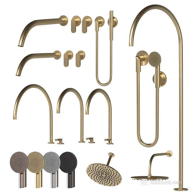 Brass Faucets With Various Styles And Designs Including Handles And Spouts 3d model 