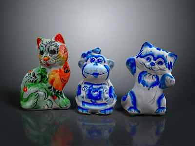 Colorful Ceramic Cat And Monkey Figurines For Decorative Furniture 3d model