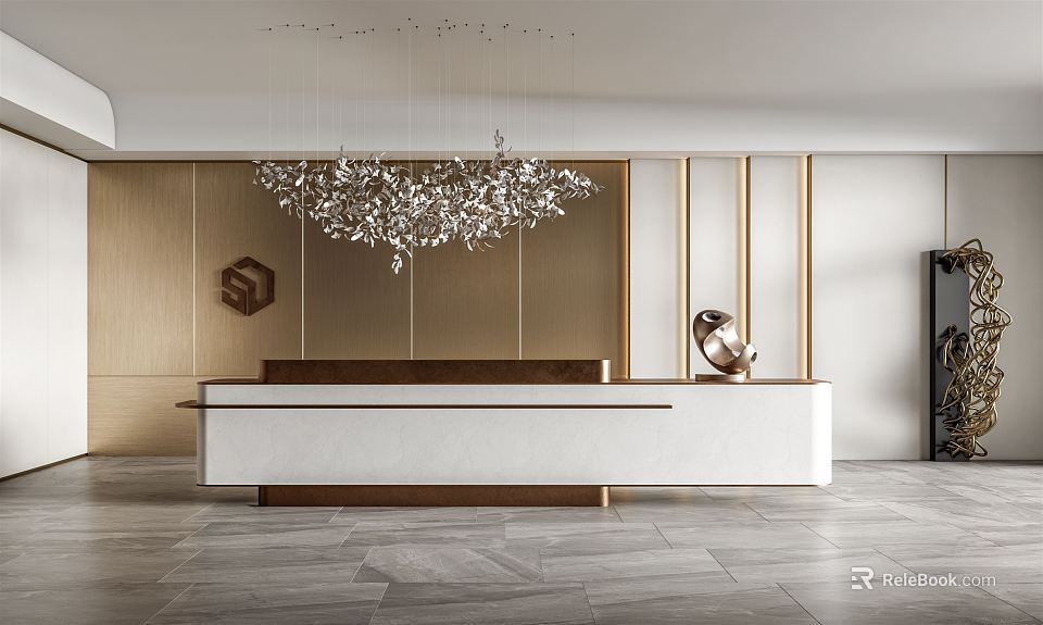 Modern Reception Desk Interior With Crystal Chandelier And Wooden Wall Decor 3d model 