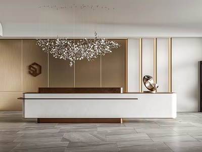 Modern Reception Desk Interior With Crystal Chandelier And Wooden Wall Decor 3d model