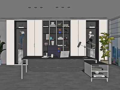Modern Office Interior Design With Bookshelves Desk Plants And Decor Items 3d model
