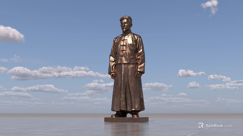 Standing Bronze Landscape Sculpture In Traditional Chinese Robe Against Blue Sky With White Clouds 3d model 