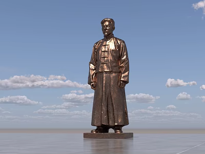 Standing Bronze Landscape Sculpture In Traditional Chinese Robe Against Blue Sky With White Clouds 3d model