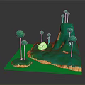 3D Rendered Landscape With Small White House Green Hills And Trees