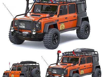 Orange Off-road Car With Roof Rack Spotlights Large Tires And Door Emblem 3d model