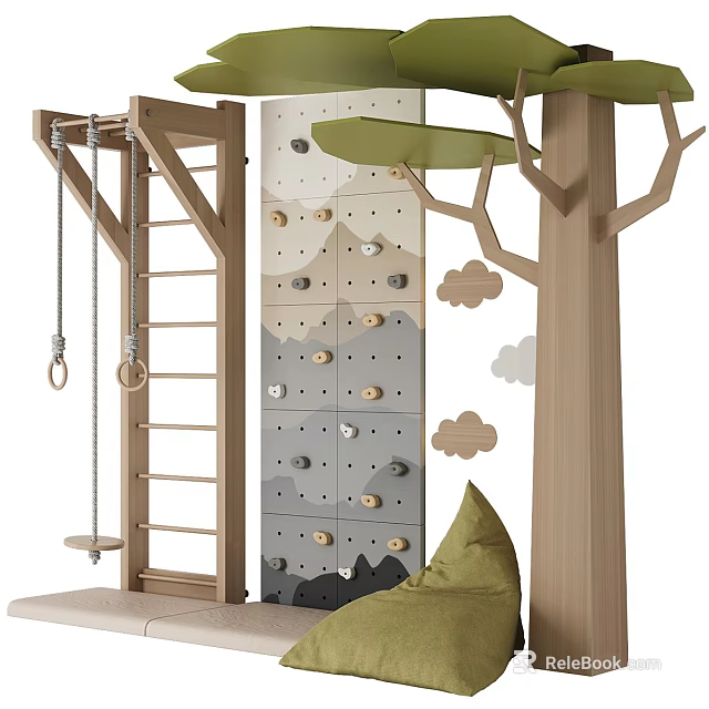 Wooden Play Equipment with Climbing Wall Swing and Tree Structure Cloud Decorations and Green Cushion 3d model 