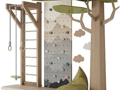 Wooden Play Equipment with Climbing Wall Swing and Tree Structure Cloud Decorations and Green Cushion 3d model