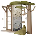 Wooden Play Equipment with Climbing Wall Swing and Tree Structure Cloud Decorations and Green Cushion