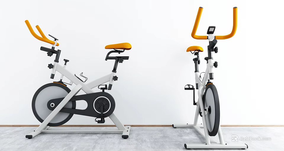 Modern Fitness Exercise Bikes With Yellow Seats And White Black Frames 3d model 