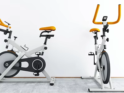 Modern Fitness Exercise Bikes With Yellow Seats And White Black Frames 3d model