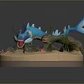 Blue Aquatic Creature with Open Mouth Seaweed Rock and Pink Flowers on Sandy Base