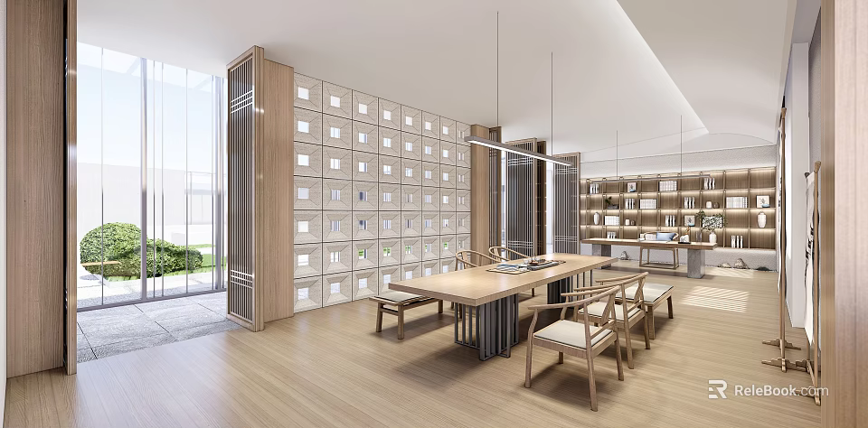 Modern Tea Room Interior Design With Wooden Tables Chairs Bookshelves And Natural Light 3d model 