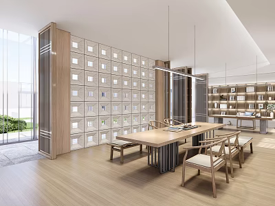 Modern Tea Room Interior Design With Wooden Tables Chairs Bookshelves And Natural Light 3d model