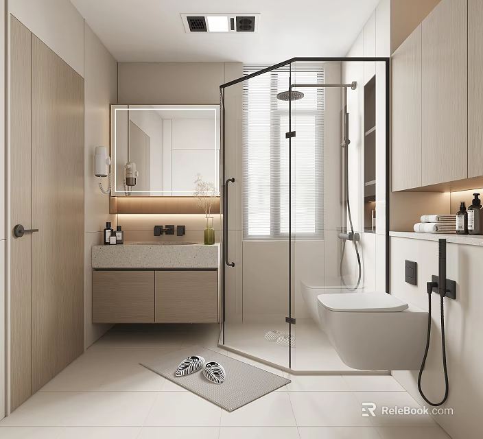 Modern Bathroom Interior Design With Glass Shower Vanity Toilet Mirror And Wooden Cabinets 3d model 