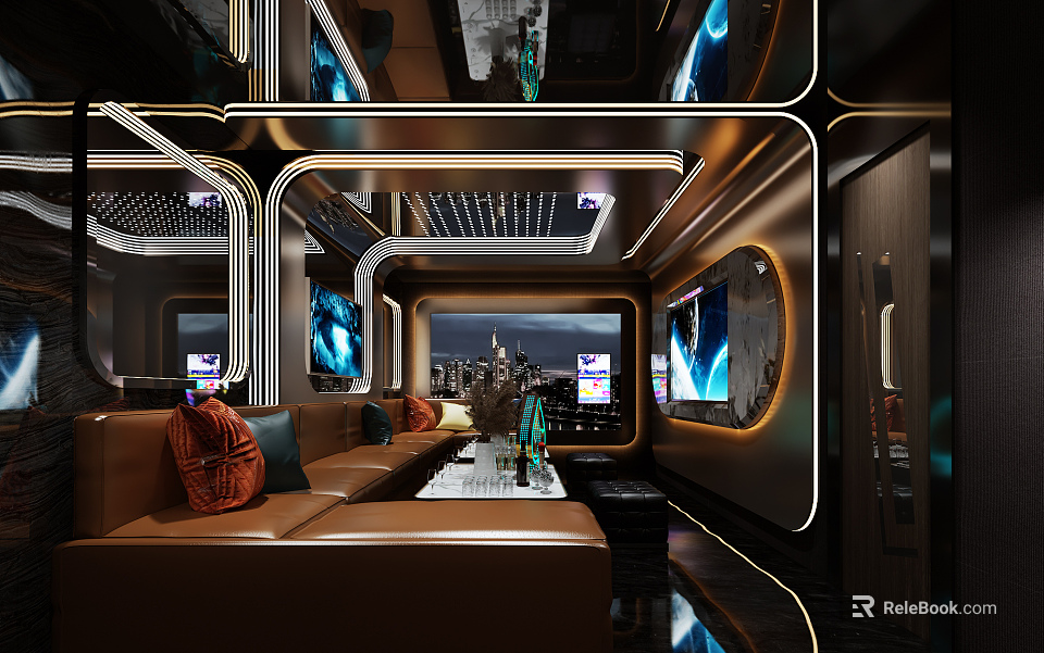 Modern Luxury KTV Interior Design Featuring Leather Sofa LED Screens And Ambient Lighting 3d model 