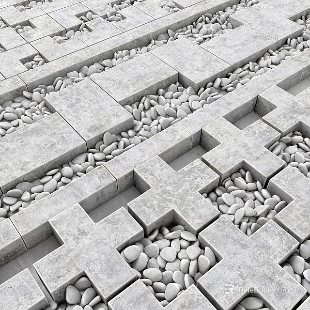 Decorative Ground Design With Interlocking Stone Tiles And Pebble Accents 3d model 
