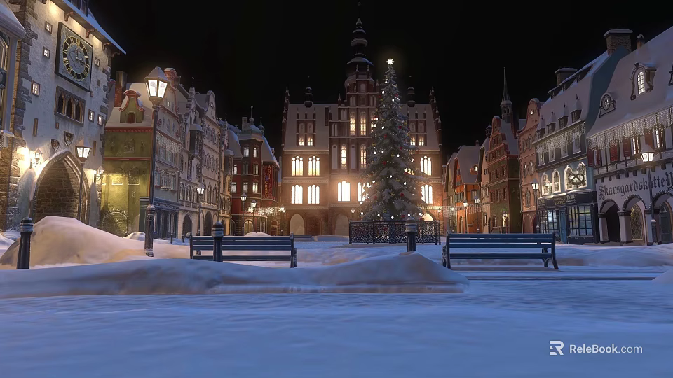 Aerial Planning View Of Winter Square With Snow Covered Ground Benches And Christmas Tree 3d model 