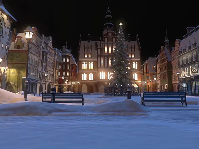 Aerial Planning View Of Winter Square With Snow Covered Ground Benches And Christmas Tree 3d model