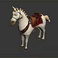 White Unicorn Toy With Brown Saddle Red Pad Reins And Dark Background