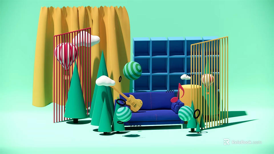 Colorful Living Room Decorative Scene With Blue Sofa Guitar Balloons Trees And Cabinets 3d model 