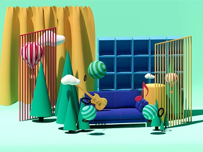 Colorful Living Room Decorative Scene With Blue Sofa Guitar Balloons Trees And Cabinets 3d model