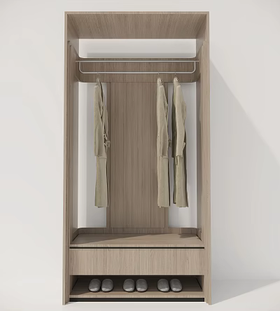 Modern Wooden Wardrobe Design With Hanging Rod And Bottom Storage Shelf 3d model