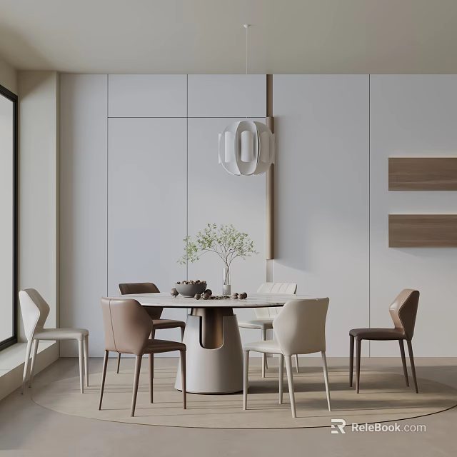 Modern Dining Table Combination With Mixed Color Chairs Decorative Wall Panels And Pendant Light 3d model 