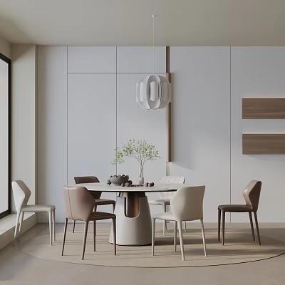 Modern Dining Table Combination With Mixed Color Chairs Decorative Wall Panels And Pendant Light 3d model