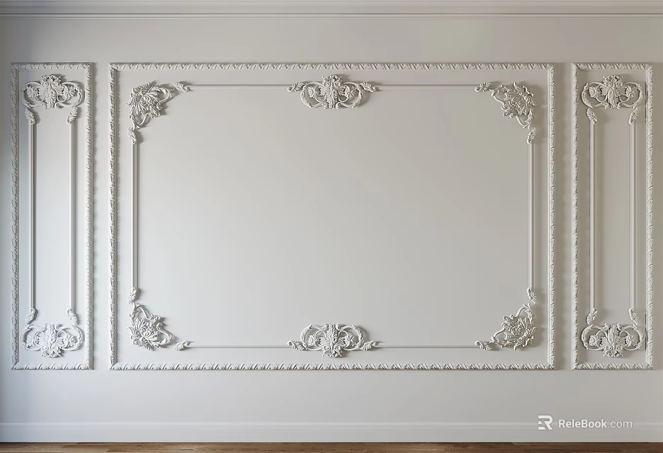 Elegant Decorative Carved Lines On White Interior Wall With Framed Patterns 3d model