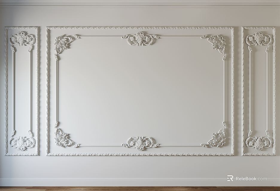 Elegant Decorative Carved Lines On White Interior Wall With Framed Patterns 3d model 