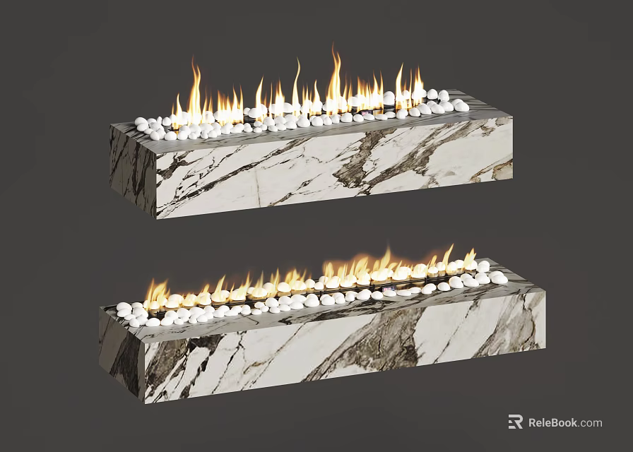 Modern Marble Fireplace With Flames And White Decorative Balls 3d model 