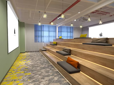 Modern Conference Room With Tiered Seating Cushions Large Screen Hanging Lights And Patterned Carpet 3d model