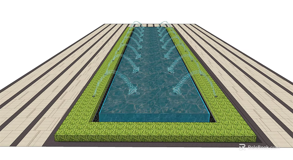 Garden Courtyard Design With Central Pool Fountains Lush Lawn And Paved Pathways 3d model 