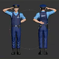 Auxiliary Police Officer in Blue Uniform Front Back View Saluting with Badge and Waist Gear