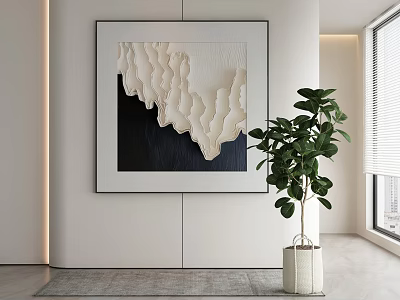 Abstract Painting With Beige Wavy Texture On White Wall In Modern Room With Green Plant 3d model