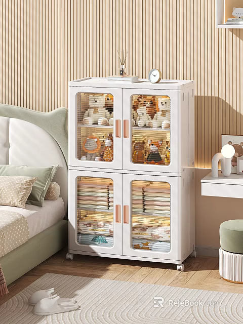 White Storage Cabinet with Glass Doors Holding Stuffed Toys and Towels in Modern Bedroom 3d model 