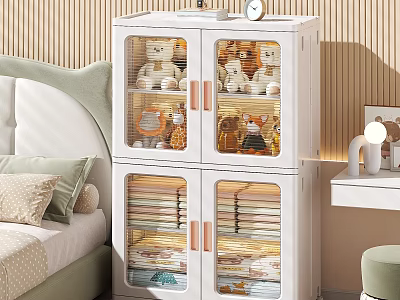 White Storage Cabinet with Glass Doors Holding Stuffed Toys and Towels in Modern Bedroom 3d model