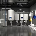 Industrial Workshop Interior With White Storage Tanks Digital Displays And Wall Information