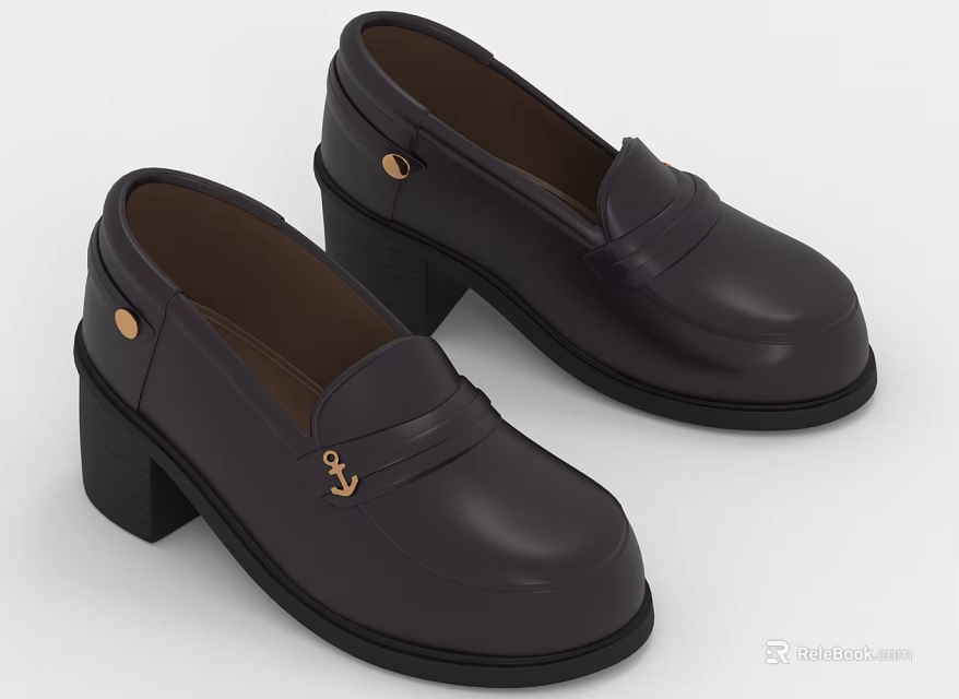 Dark Brown Leather Loafers With Block Heel And Metal Buckle Detail Classic Style For Women 3d model 