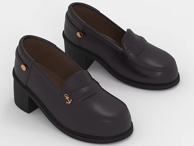 Dark Brown Leather Loafers With Block Heel And Metal Buckle Detail Classic Style For Women 3d model