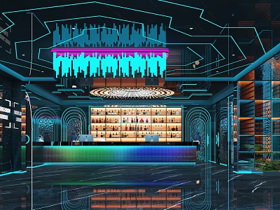 Modern KTV Interior With Neon Lights Bar Counter Drinks Shelf And Ambient Lighting 3d model