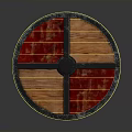 Medieval Round Shield with Red Wooden Panels Black Cross Straps and Metal Rim