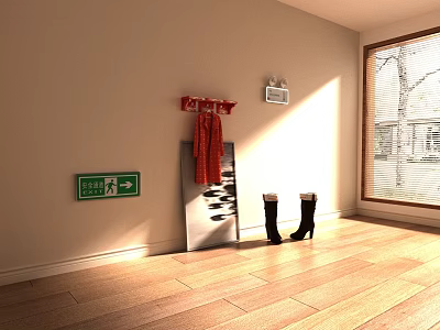 Furniture Showroom With Beige Walls Wooden Flooring Sunlight Coat Rack Red Coat And Black Boots 3d model