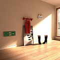 Furniture Showroom With Beige Walls Wooden Flooring Sunlight Coat Rack Red Coat And Black Boots